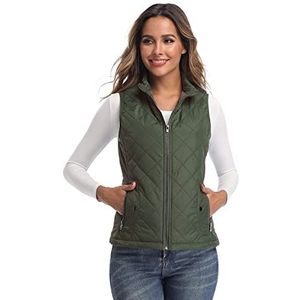 Dames Uitloper Vest - Opstaande Kraag Lichtgewicht Zip Gewatteerde Vest voor Vrouwen, Gebroken Wit, Medium, Leger Groen, L