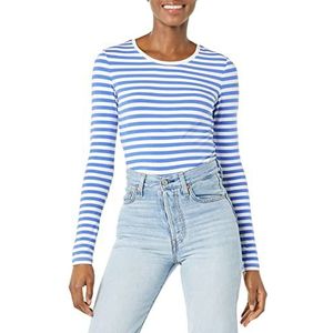 Amazon Essentials Women's T-shirt met lange mouwen en ronde hals in klassieke pasvorm (verkrijgbaar in grote maten), Blauw Wit Streep, XL