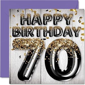 70e verjaardagskaart voor mannen - zwart en goud glitter ballonnen - gelukkige verjaardagskaarten voor 70-jarige man vader opa Gran, 145mm x 145mm zeventigste verjaardag wenskaarten cadeau