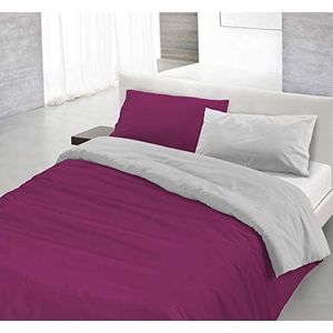 Italian Bed Linen Natuurlijke kleur Dekbedovertrek Set met Doubleface Effen Kleur Tas Sheet en Kussensloop, 100% Katoen, Fuchsia/Lichtgrijs, enkel