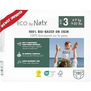 Eco by Naty Baby Luiers - Plantaardige milieuvriendelijke luiers, zeer geschikt voor de gevoelige babyhuid en helpt doorlekken voorkomen (Maat 3, 180 Stuks)