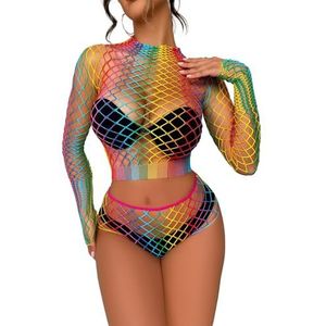 FasiCat Lingerie voor dames, mesh, visnet, babydoll, mini-jurk, bodysuit doorzichtige shirts, lange mouwen, lingerie, bodysuit, cover-up, Regenboog, Eén Maat