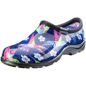 Sloggers Waterdichte tuinschoen voor dames - outdoor slip-on regen en tuin clogs met premium comfort binnenzool, blauw/roze kolibrie, maat 46