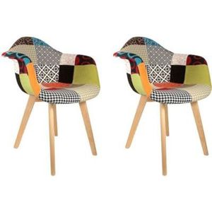 THE HOME DECO FACTORY - HD3096 – 2 stuks Scandinavische fauteuils, patchwork, hout + polyester, meerkleurig, 62 x 60,50 x 86 cm