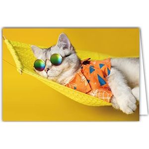 Afie 68-4001 Kaart binnen wit met envelop – Be Cool Relax No Stress Cat met zonnebril, hemd in een gele hangmat, voor een dutje, vakantie, rust, hippie is alles Bohemian BoHO