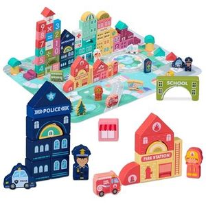 Relaxdays houten blokken stad, puzzelmat, met gebouwen, letters, cijfers, vanaf 3 jaar, 100 bouwblokken
