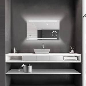 Talos LED badkamerspiegel King 100 x 60 cm - lichtkleur neutraal wit - verlichte cosmetische spiegel met 3-voudige vergroting - digitale klok - aluminium frame rondom