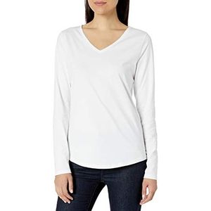 Amazon Essentials Dames 100% Katoen Relaxed-fit V-hals T-shirt met lange mouwen,Kleur: wit,S-M