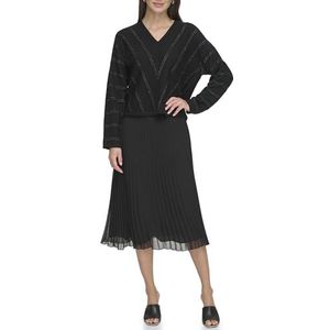 DKNY Pointelle sweater met lange mouwen en V-hals, zwart, XL