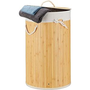 Relaxdays wasmand bamboe - wasbox met deksel - 70 liter - rond - 65 x 41 cm - crème