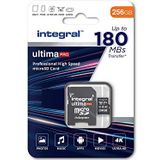 Geheugenkaart 256 GB microSDxC UltimaPro, zeer hoge snelheid tot 180 MB/s lezen, 130 MB/s schrijven, klasse 10, V30, UHS1, U3, A2, SD-adapter, van Integral Memory