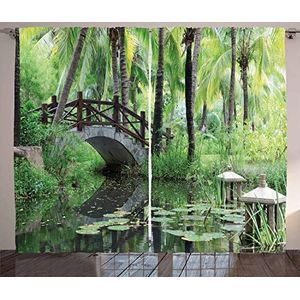 ABAKUHAUS Peace Garden Gordijnen, Park in Zuid-China, Woonkamer Slaapkamer Raamgordijnen 2-delige set, 280 x 225 cm, Groen Grijs Bruin
