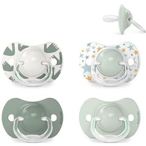 Suavinex, Set van 4 fopspenen voor baby's van 6/18 maanden, symmetrische SX Pro fopspeen van siliconen, platte en flexibele speen, omkeerbaar, voldoet aan de ontwikkeling van de mond, blauw en groen