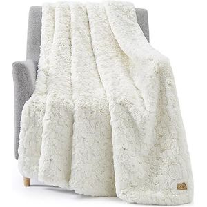 UGG 25517 Amanda omkeerbare deken flanel pluche warme knuffelige gezellige harige luxe zachte dekens voor bank of bed, 177,8 x 127 cm, sneeuw