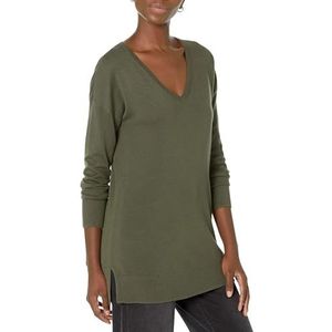 Amazon Essentials Women's Lichtgewicht tuniektrui met lange mouwen en V-hals (verkrijgbaar in grote maten), Donker olijfgroen, L