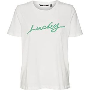 VERO MODA Vmrojaolly Ss Top Box JRS T-shirt voor dames, sneeuwwit/print: lucky, S