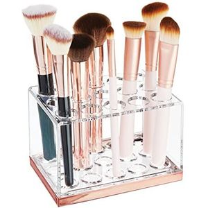 mDesign - Make-upkwastenhouder - cosmetica-organizer - voor wastafels en kaptafels - met 15 compartimenten voor make-up- en poederkwasten - Doorzichtig/roségoud