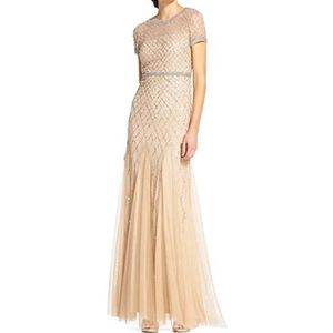 Adrianna Papell - Damesjurk - Champagne - Korte Mouwen - Rasterpatroon