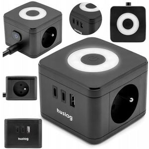 Huslog - Stekkerdoos Cube 5-in-1 - Zwart - 2 Stopcontacten - 1 USB & 2 USB-C