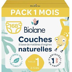 BIOLANE - Ecologische luier maat 1 - maat 1 (2-5 kg) - Gevoelige huid - Ultra-absorberend, geen lekkage, 12 uur droog - Verpakking 1 maand 168 luiers - Gemaakt in Frankrijk - 6 stuks
