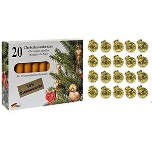 10210254GB - boomkaarsenset 40-delig, 20 gouden kaarsenhouders 15 mm en 20 bijenwas kaarsen 13 x 10 mm, 10% bijenwas, kerstboom, advent