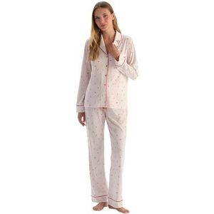 Dagi Dames Ecru microprint shirt en broek pyjama set, L, ecru, L