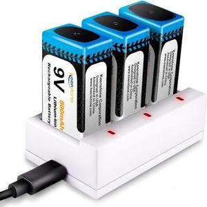 Keenstone Blokbatterij, 9 V, 3 stuks, 800 mAh, oplaadbare lithiumbatterij, USB-oplaadkabel 9 volt, batterij voor rookmelder, brandmelder, waarschuwingsmelder, multimeter