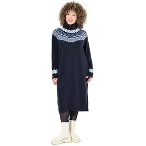 Ulla Popken - Gebreide Jurk - Blauw/Wit - 3/4 Lengte - Losse Pasvorm - Lange Mouw