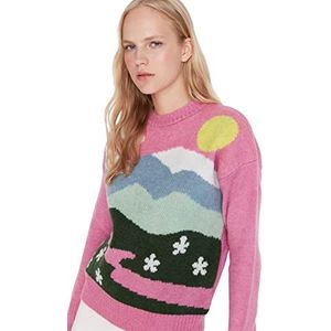 Trendyol Dames ronde hals landschapsprint Regular sweater sweatshirt, roze, L, roze, L