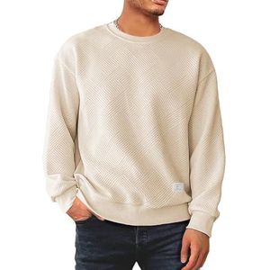 Dokotoo Men Heren ronde hals sweatshirts Soild kleur geometrische textuur lange mouw casual pullover shirt, Beige, 3XL