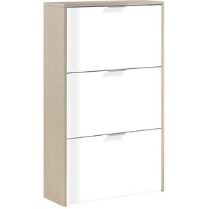 Schoenenrek 3 deuren, smal schoenenrek, afgewerkt in glanzend wit en Canadees eiken, afmetingen: 60 cm (breedte) x 113 cm (hoogte) x 22 cm (diepte)