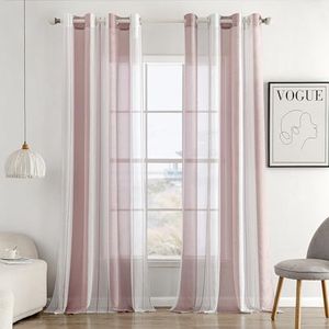 MIULEE Gordijnen gestreept transparant met oogjes, voile gordijnen voor woonkamer, moderne set van 2, gordijn slaapkamer transparant met oudroze wit gestreept patroon, gordijn semi-transparante