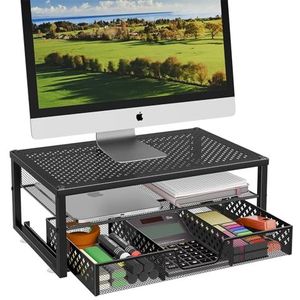 Ekisemio Metalen monitorstandaard en computerbureau-organizer met lade voor laptop, computer, iMac, zwart