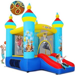Springkasteel, indoor outdoor speelkasteel met ventilator, tropische jungle-dieren, party, springkasteel met glijbaan en springgedeelte, balwerpspel, opblaasbaar springkasteel als cadeau voor kinderen