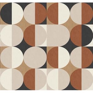 Rasch Behang 363968 - Fotobehang op vlies met cirkelpatroon in beige, zwart, rood en crème uit de collectie Magicwalls - 3,00 m x 3,18 m (L x B)