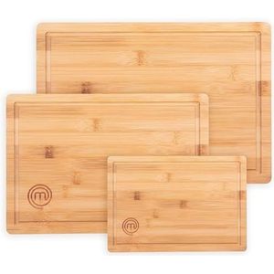 Masterchef Houten Snijplanken, Bamboe, 38cm x 27.5cm, 34cm x 23.5cm, 23cm x 15cm, Vaatwasmachinebestendig, Houten Planken Groot, Medium en Klein, Keukenplanken, Natuurlijk Bamboe, Met Sapgroefs