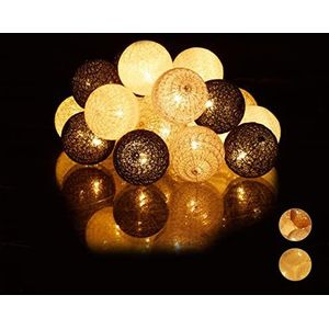 Relaxdays LED lichtsnoer met 20 ballen, katoen, op batterijen, sfeerverlichting, Ø 6 cm, lichtslang, wit/grijs/zwart