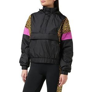 Urban Classics Damesjas Ladies Leo Pull Over Jacket met dierenprint, rits en buiktas, verkrijgbaar in 4 kleurvarianten, maat XS tot 5XL, meerkleurig (Black/Leo 01945), S