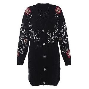 faina Dames middellange modieuze gebreide jas met pailletten en bloemenpatroon zwart maat M/L, zwart, XL