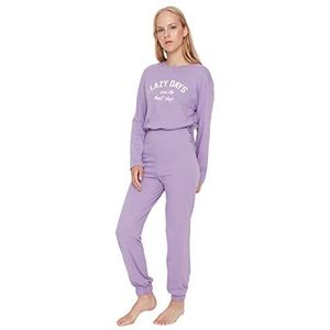 Trendyol Dames Met Slogan Midden Gebreid T-shirt-Broek Pyjama Set, Lila, L