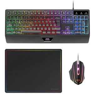 Mars Gaming MCP124, 3in1 Gaming Combo, Ergonomisch H-Mech LED RGB Toetsenbord, RGB Muis 3200DPI HUANO Switches, Nanotextiel Muismat 360x260mm, Multiplatform Compatibiliteit, Frans Layout, Zwart