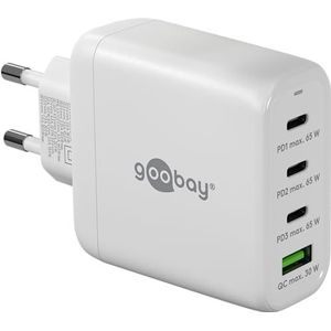 goobay 64822 USB C PD 4-voudige multiport snellader (65W) / 1x USB A 3X USB C ingang/Power Delivery/voeding voor laadkabels van iPhone en andere mobiele telefoons/mobiele telefoon lader/wit