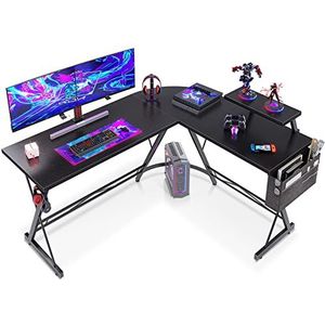 ODK L-vormig gamingbureau met ronde hoek, bureau met monitorstandaard, computertafel voor thuiskantoor, L-bureau voor schrijven en werkplekken (klassiek zwart bureau, 147 x 120 cm)