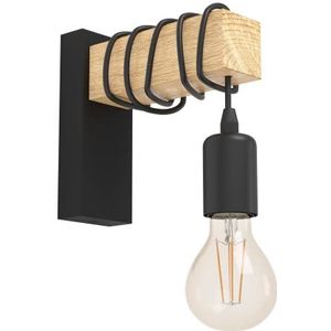 EGLO wandlamp TOWNSHEND, 1 lichtbron vintage wandarmatuur in industrieel ontwerp, retro lamp van staal en hout, kleur: zwart, bruin, fitting: E27