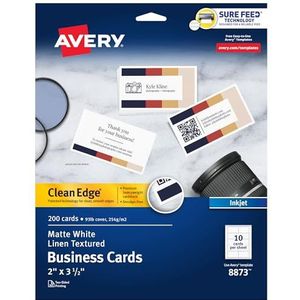 Avery Printbare visitekaartjes, inkjetprinters, 200 kaarten, 2 x 3,5, schone rand, zwaargewicht, linnen textuur (8873), wit
