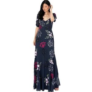 Maxi-jurk voor dames, geborduurde sweetheart, necklijn, ruches, voor bruiloft, gast, bruidsmeisje, bal, bal, gown, marineblauw, maat 44, Donkerblauw, 44