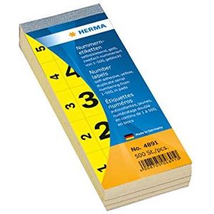 HERMA 4891 nummerlabels cijfers 1-500, dubbel (56 x 28 mm, papier, mat) zelfklevend, permanent hechtend, doorlopende nummerblok, 500 etiketten, geel