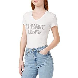 Armani Exchange Dames geruite logo slim fit V-hals T-shirt, Kleur: wit, L