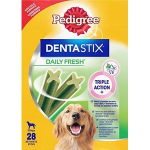 PEDIGREE DentaStix Daily Fresh tandverzorgingssnack voor grote honden, hondenlekkernijen met actieve ingrediënten voor elke dag, voor gezonde tanden en een frisse adem, 112 sticks (4 x 28 stuks)