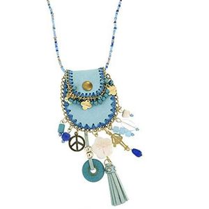 Le Carose Dames halsketting Boho Chic collectie sieraden van lichtblauw stof met verschillende bedels. Armband totale lengte 105 cm, hanger 13 cm en Mossluiting, M, Roestvrij staal, Geen edelsteen
